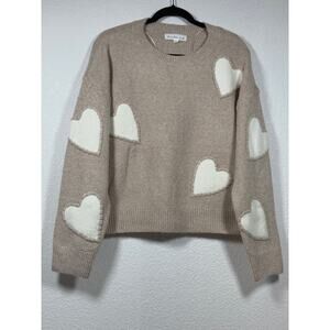 Threaded Leaf Women’s Beige Sweater With White Heart Appliqués Size L